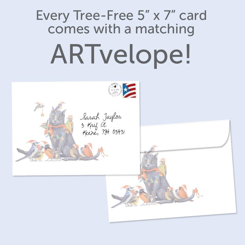 Tree-Free Greetings Cat Bird Christmas Cards - 10 Recycled 5x7 Cards & Matching Envelopes, Thick Cardstock, Made in USA - Whimsical Wildlife Scene - Image 3